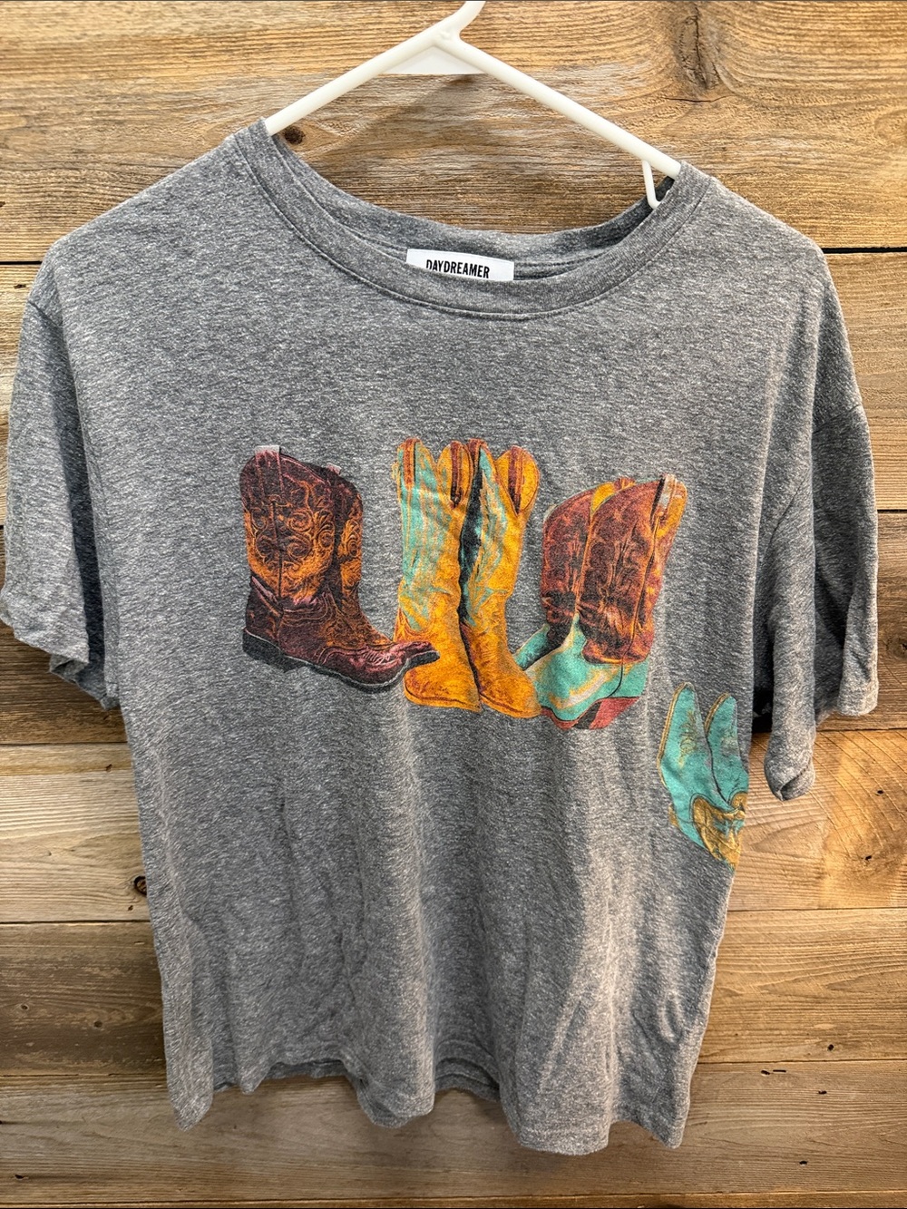 Daydreamer Grey Tee with Colorful Cowboy Boot Graphic